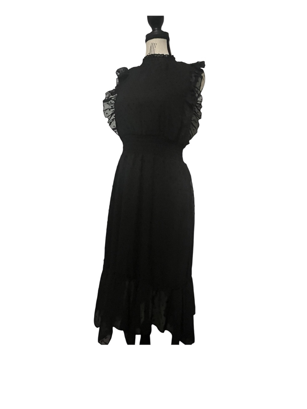 Ava & Yelly Black Swiss Dot Ruffle Mock Neck Handkerchief Hem Dress Girls 12